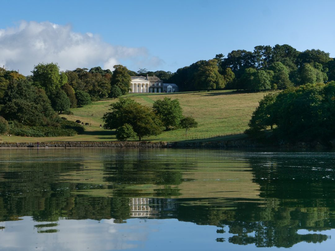 View up towards the house and parkland across the River Fal
